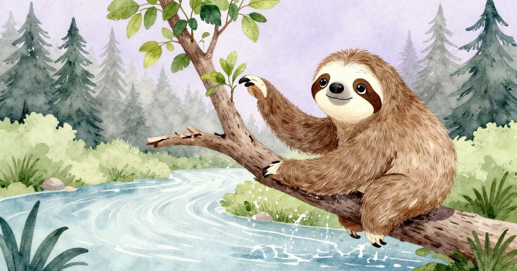 Sloan樹懶伸出爪子抓取樹葉，老樹枝彎向冰冷河水並現出裂痕，水花四濺中透露驚奇與微妙變化。