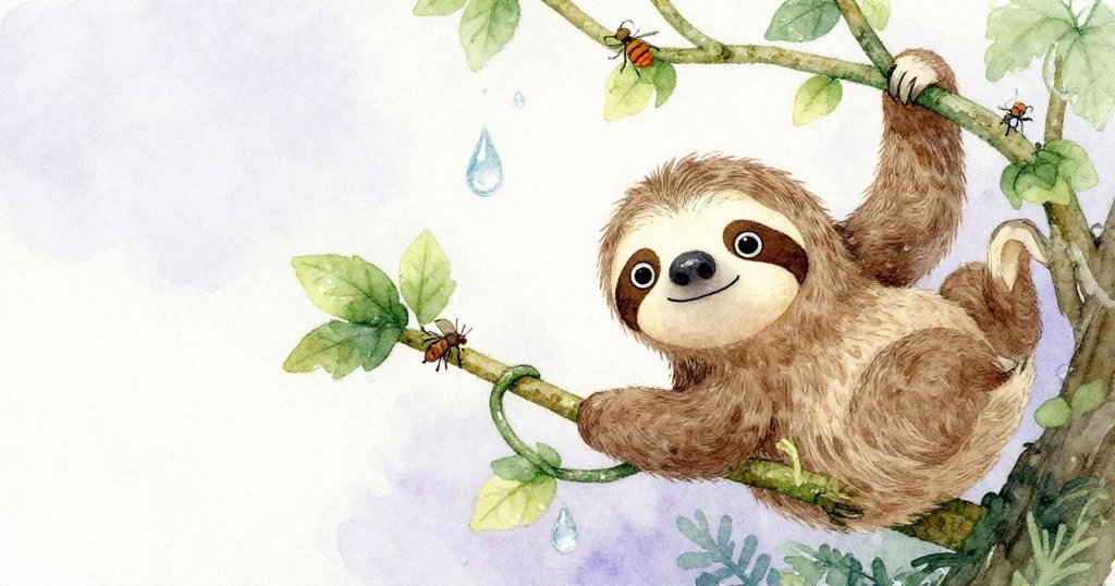 從微小生物視角看見水滴飛濺，纖細昆蟲從藤上脫落，遠處Sloan樹懶驚訝眨眼緊抓藤蔓，充滿細膩動感。