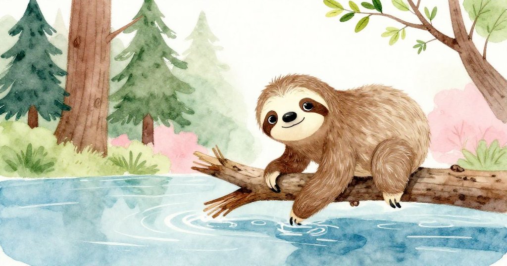 Sloan樹懶小心降至隨河漂流的破枝上，朝對岸樹幹移動，河面映著柔和晨光，綠葉迎來新希望。