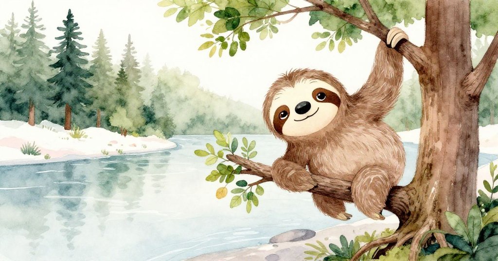 Sloan樹懶愉悅爬上夾於樹根間的枝條，四周綠葉點綴，陽光灑落寧靜森林河岸，洋溢平和喜悅。