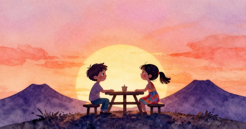 Lucas和Mira在夕陽下佈置大布,背景火山輪廓隱現,兩人充滿期待與冒險心情,鄰近山脊呈現溫暖色調。