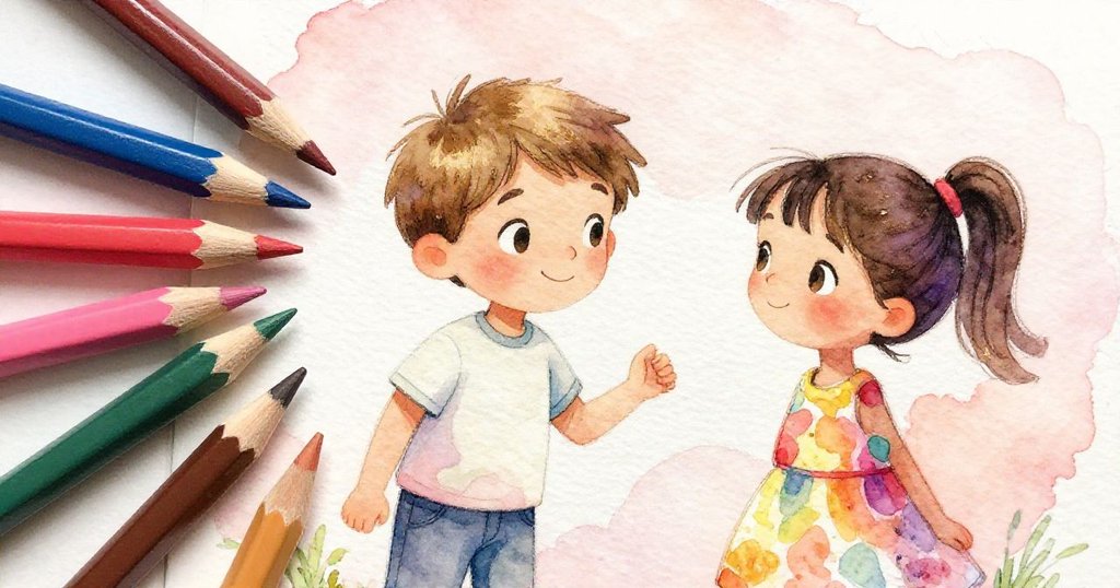 Mira打開彩色鉛筆盒,Lucas扶持隨風飄起的紙角,背景野餐桌與自然環境展現和諧互動。