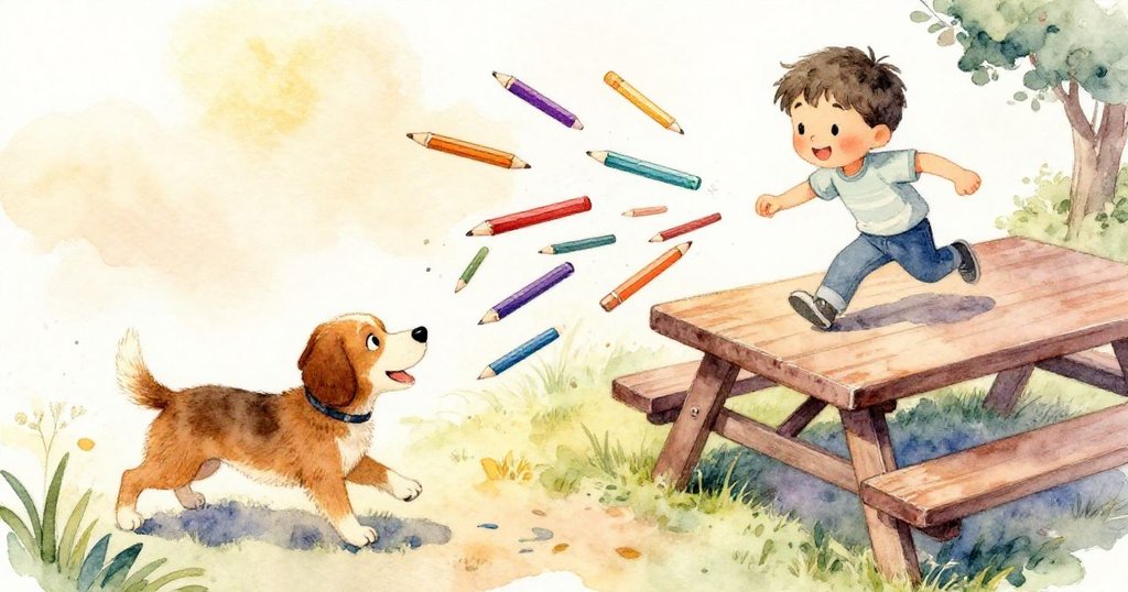 小狗在野餐桌旁嬉戲散落鉛筆,Lucas急忙追趕,從高空俯視呈現一片活潑混亂的自然景象。