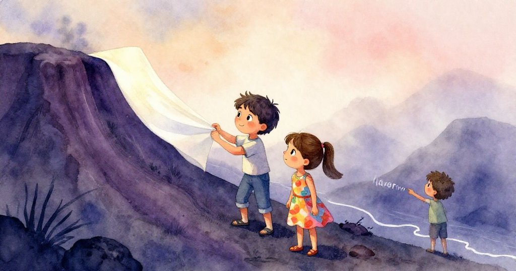 霧氣逐漸爬升火山,Mira專注調整紙張,Lucas留意紙上形成熔岩線條,畫面展現季節變換與柔和自然光。