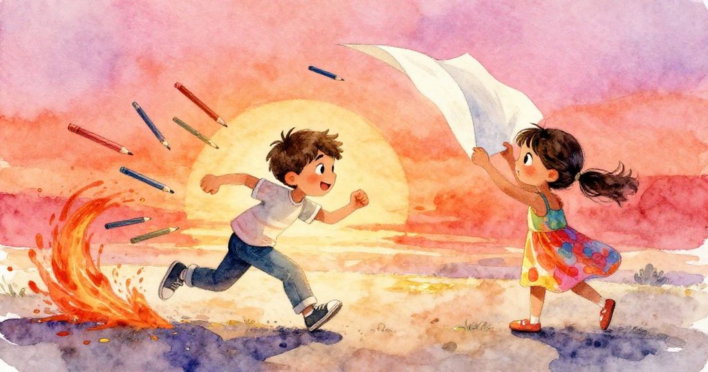 Lucas急速追逐散落彩鉛,Mira快速翻轉紙張保留熔岩筆觸,畫面展現緊張動感與活潑互動。