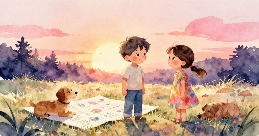 鐘聲響後,Lucas與Mira對視微笑,小狗靜臥旁邊,平整紙張與小石共同營造出寧靜溫馨的結局。