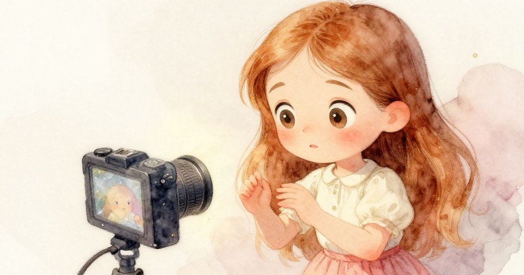 Clara特寫眼神，注視著相機螢幕，臉上滿是期待與興奮，柔和燈光映現於庭園背景中。