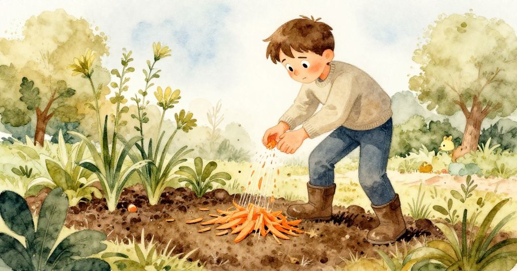 Ben從低角度被仰視，他在土丘旁灑下胡蘿蔔削片，神情專注，庭園環境充滿自然韻味與期待。