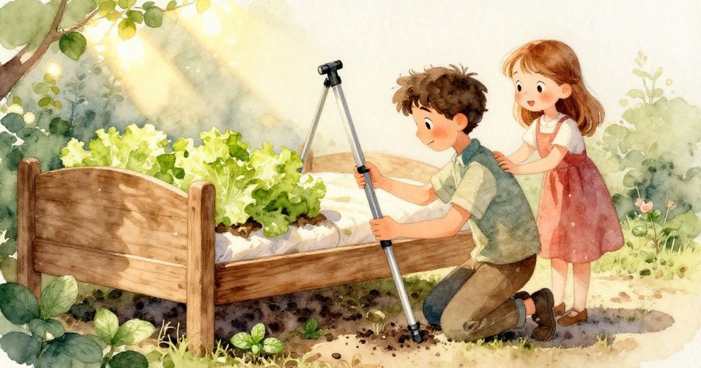 園中忽現噴水器激射水花，地鼠從洞口探出頭，傾斜陶罐交織奇幻幾何，充滿驚奇與變幻氣息。