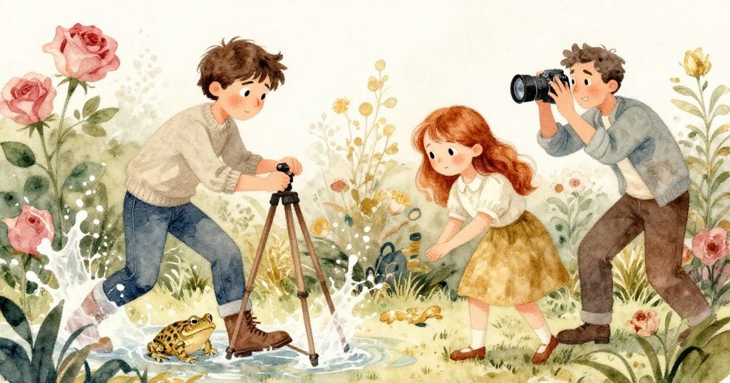 Clara轉動三腳架拍攝水花，Ben急遮鏡頭旁癩蛤蟆靜坐，動作急促中流露幽默與緊張感。