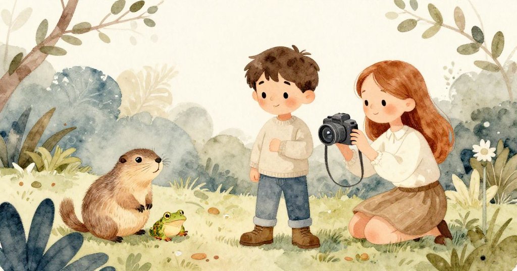 Ben與Clara相視而笑，共同觀看相機預覽中地鼠與癩蛤蟆，水跡與泥土見證冒險後寧靜與喜悅。