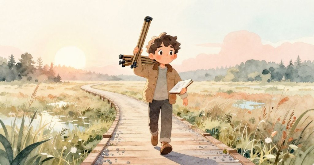 Rowan 穿著溫暖夾克走上木板步道,手持三腳架與速寫本,背景濕地晨光溫柔,神情充滿期待。