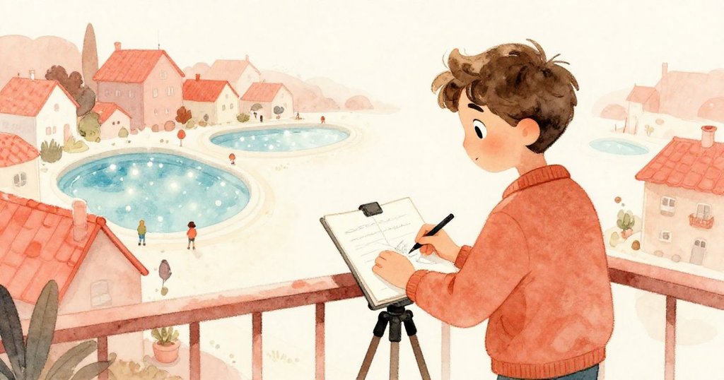 Rowan 在觀景台上架起三腳架速寫遠處屋頂與閃亮水池,神情專注欣賞夢幻景色。