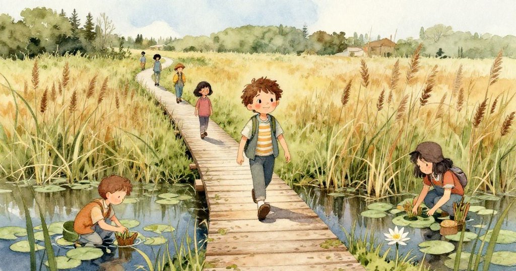 輕風吹起速寫本一頁漂過水面,睡蓮間水獺嬉戲觸碰紙頁,神情流露驚喜童趣。