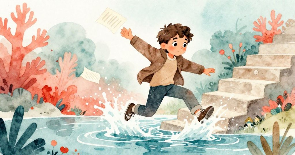 Rowan 急速下樓踏進淺水中,努力追逐漂浮紙頁,臉上滿是焦急與堅定,水花四濺。