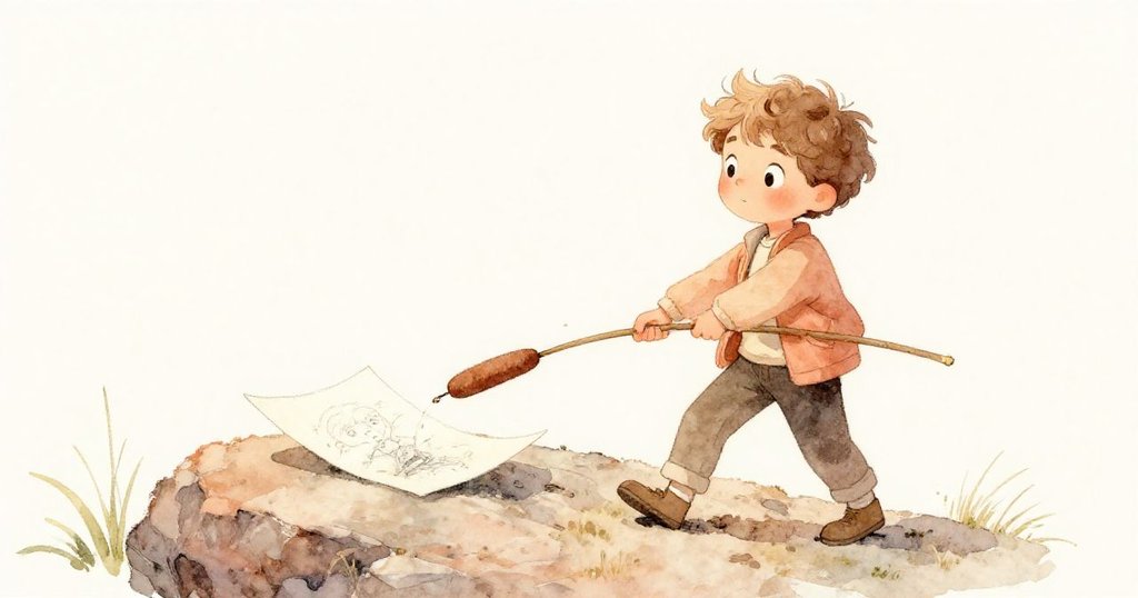 Rowan 用斷芦苇拖動濕透紙頁放至暖石上,神情平靜沉思,周圍自然風光低語細訴往事。