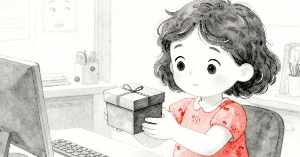 Mia專注拉起小盒子緊閉蓋子，手法細膩，神情充滿好奇與堅定，呈現物件細節與光影效果。