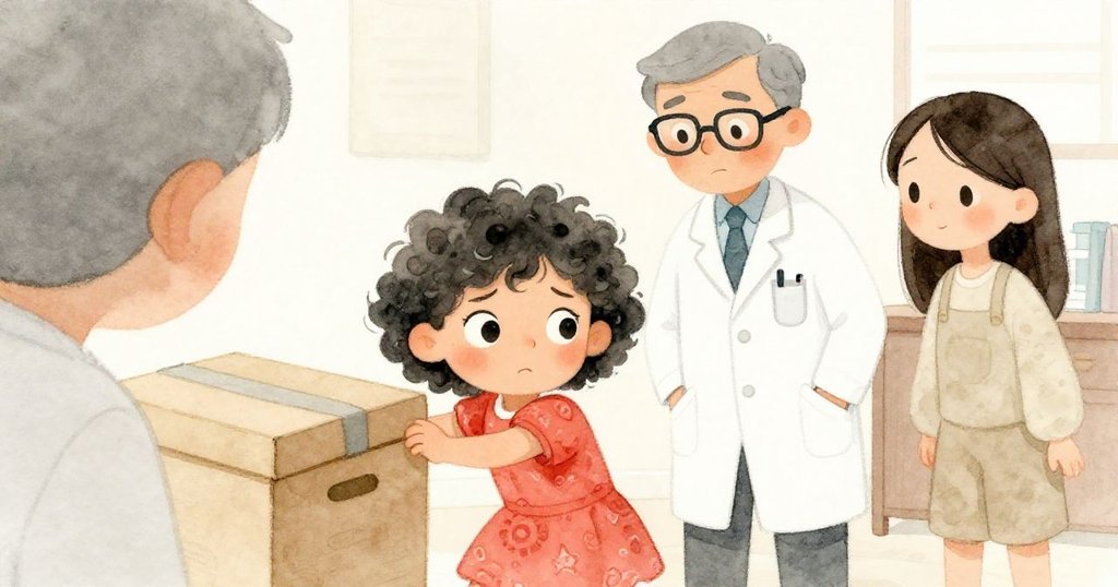 從Mia背後角度看見她全力拉盒蓋，醫生與妹妹在背景中關切注視，氣氛既緊張又充滿期待。