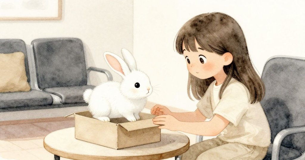 轉入新的候客空間，盒子微跳露出全開蓋，溫柔白兔初現，妹妹小心準備接住，場景溫暖寧靜。