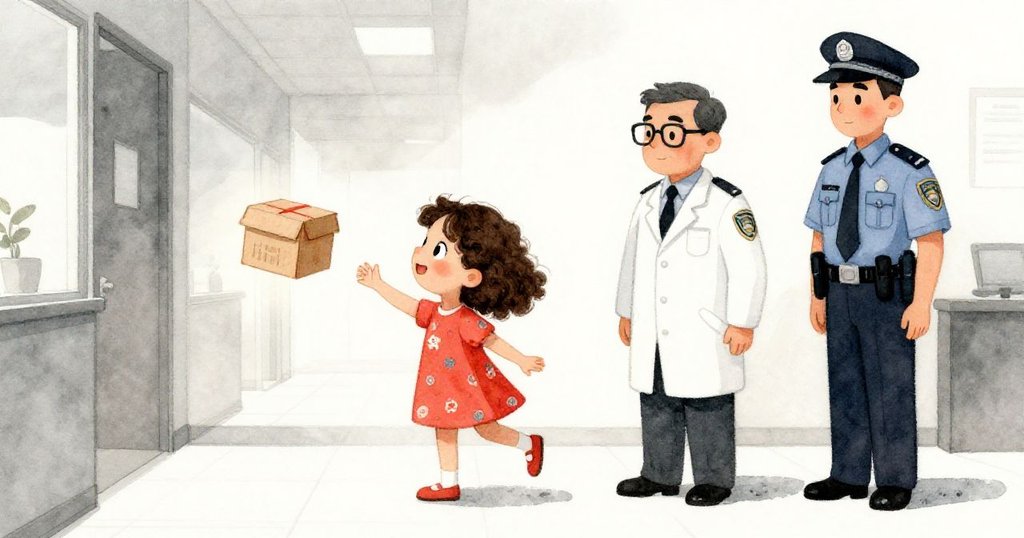 警官從辦公室走過，沉穩腳步震動地板引起盒子劇烈跳動，眾人注目場面充滿懸念與動感。