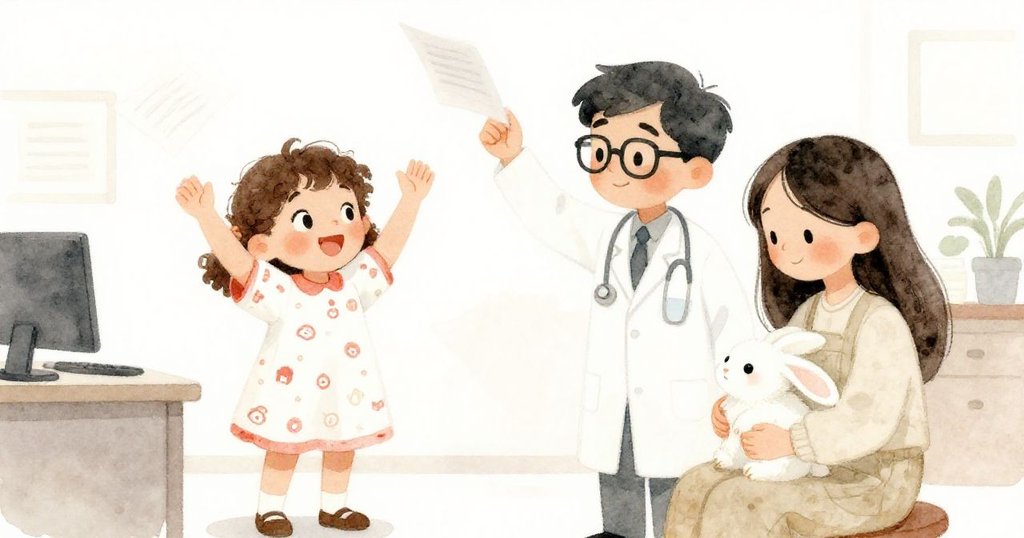 最終場景中，Mia滿臉喜悅，醫生揮手拋浮紙，妹妹溫柔抱兔，房內恢復寧靜與和諧，情感溫暖真摯。