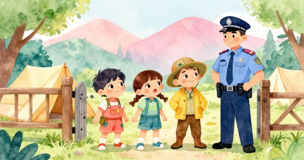 Sam檢查地圖，Mia整理鞋帶，Ben領頭，警察在營地門口微笑揮手，背景有帳篷和樹林，充滿希望。