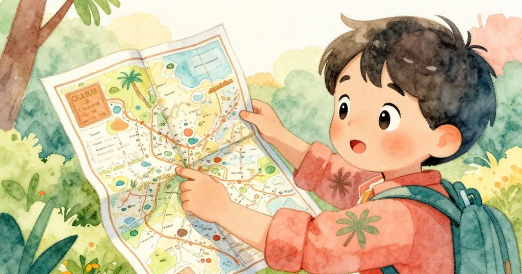 Sam專注觀察地圖，手指輕觸標註著山與路徑，背景柔和自然，展現對探險的渴望。