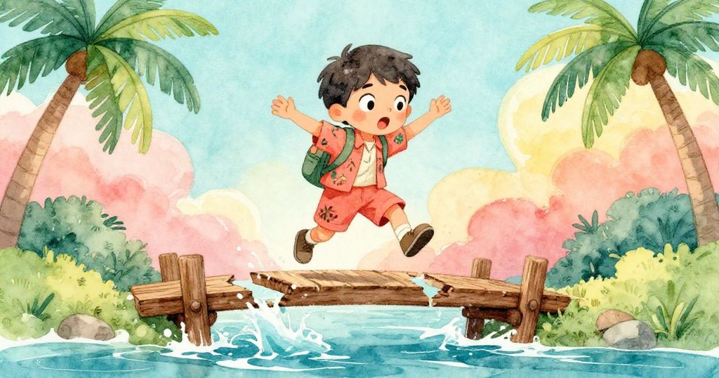 Sam踏上裂響木橋，低角度展現驚訝與堅毅表情，水花四濺，周圍溪流樹影交織展現冒險氣氛。