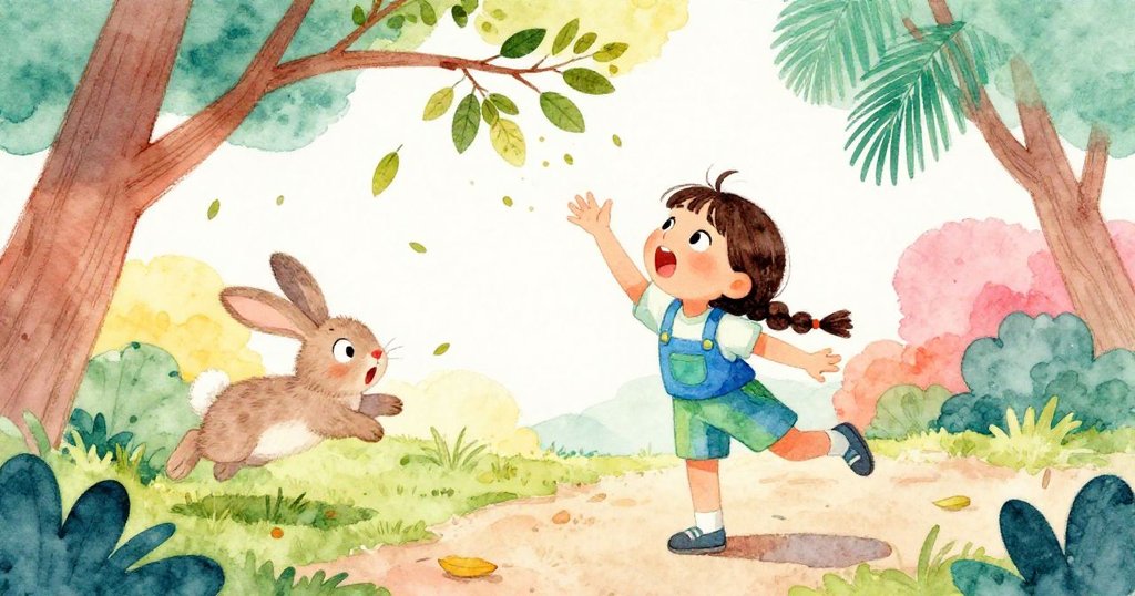 Mia面對突如其來跳出的兔子，驚險間伸手抓住樹枝，臉上展露緊張神情，落葉隨風飛舞。