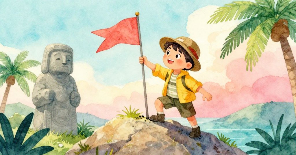 Ben攀上岩石並小心插上鮮豔小旗，低角度凸顯他的決心與自信，背景充滿陽光與自然氣息。