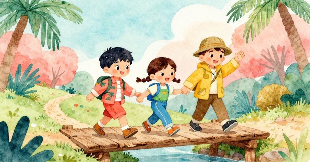 Sam、Mia、Ben攜手前行，互助扶持，笑容滿面，穿越破橋後的戶外小徑，友情猶如溫暖禮物流露。