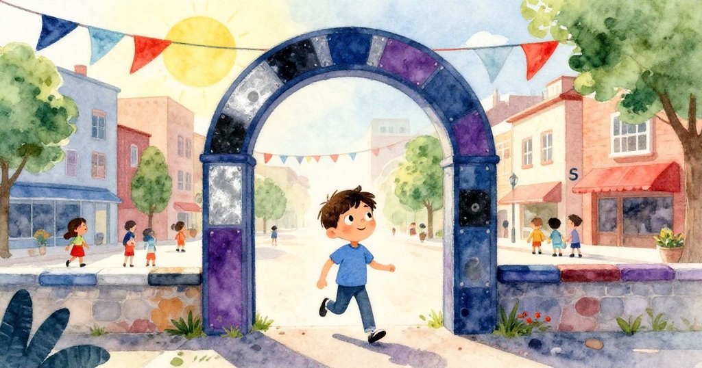 Leo滿懷期待穿過彩色拱門進入廣場，背景有小旗及志願工具，充滿溫暖陽光和熱情氛圍。