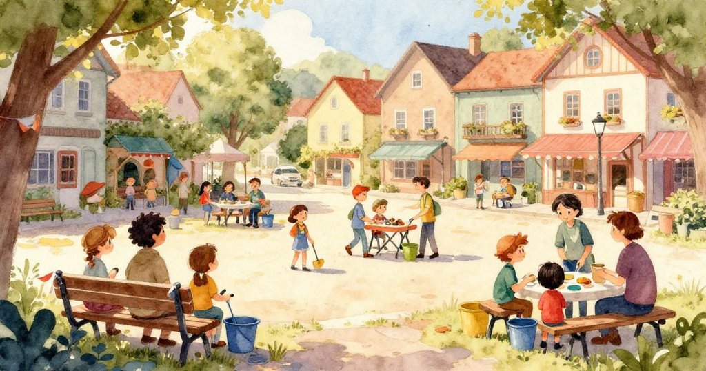 Leo專注緊握著裝滿水瓶的箱子，手部肌肉顯現責任感，背景隱現廣場工具，細節豐富。