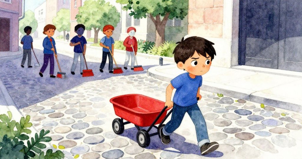 從小鳥視角看見Leo推著小紅手推車穿越鵝卵石，志願者有序使用掃帚，動感十足，氛圍溫暖。