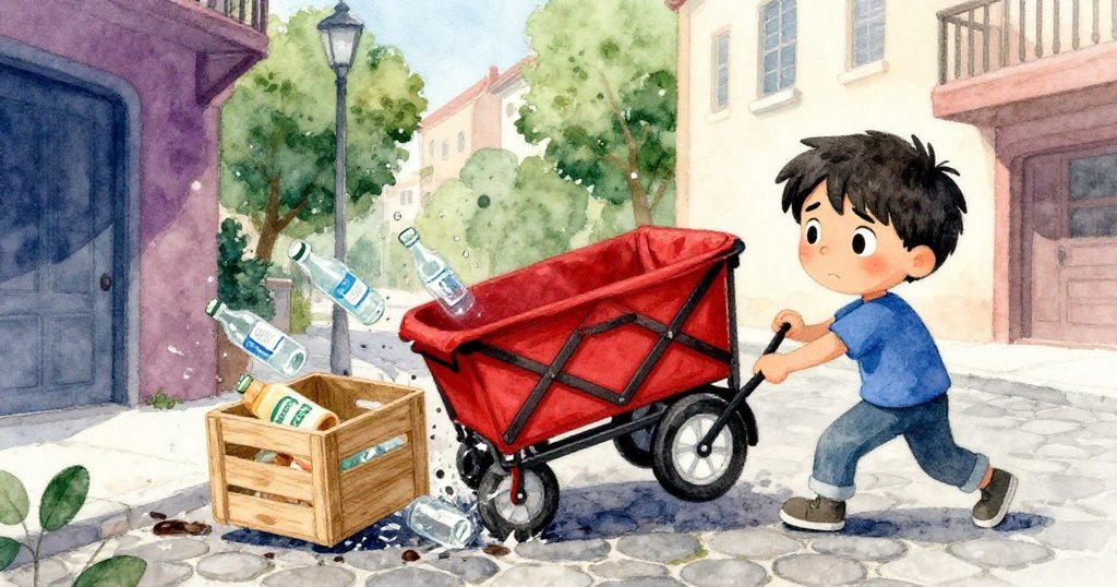 Leo驚訝中看到手推車傾斜，箱子碰撞發出聲響，水瓶滾動於鵝卵石上，情勢緊張。