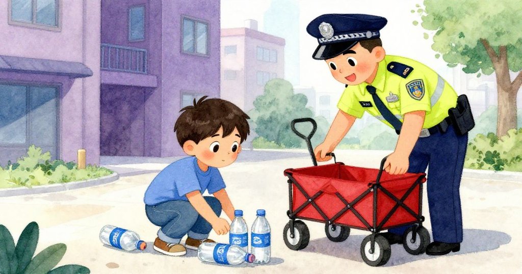 Leo蹲下焦急撿拾水瓶，警官伸手穩住手推車，兩人合作互助，情景溫暖充滿信任。