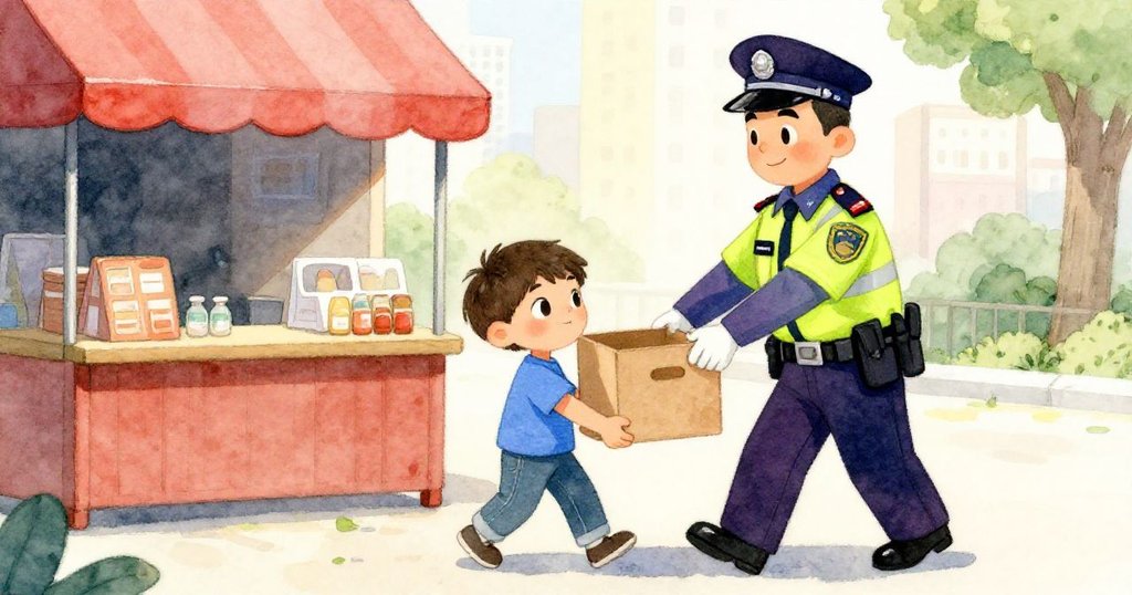 Leo與警官合力推動箱子到飲品攤前，臉上露出喜悅笑容，背景展現志願場景與新希望。