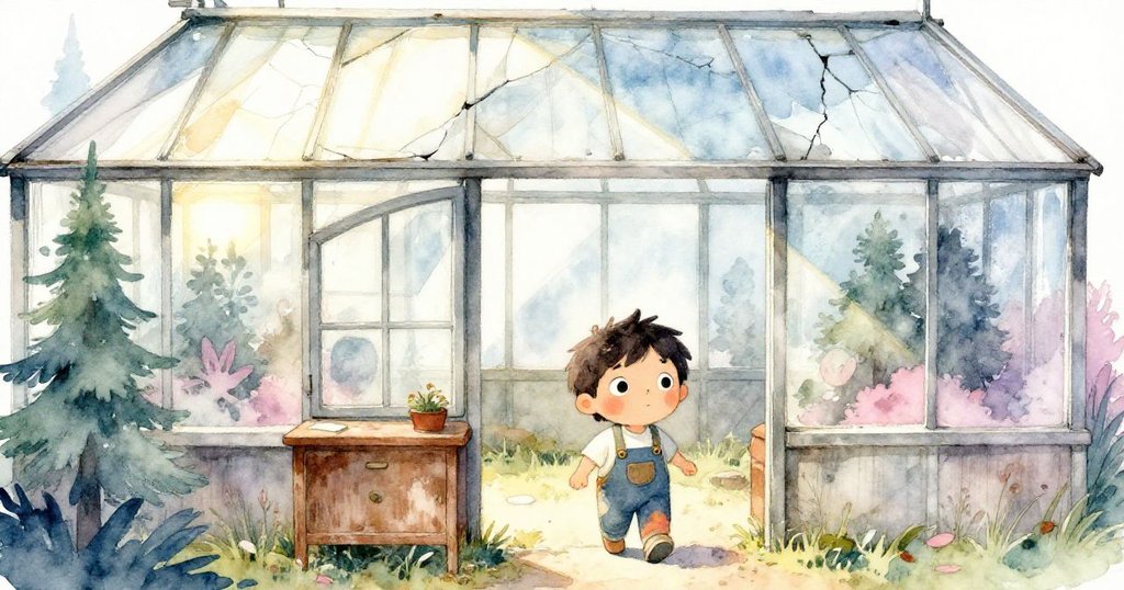 Mika在破舊溫室中前行，斜射陽光照亮褪色木櫃，表情充滿好奇與期待，展開神秘冒險。