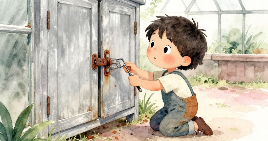 Mika專注用銼刀修理生鏽鉸鏈，手部動作清晰，周圍殘留鐵銹碎片，流露出細緻探險精神。