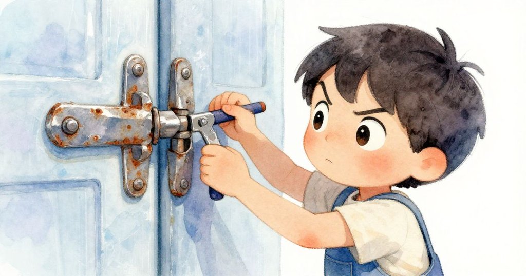 從下視角看Mika奮力銼理櫃門，堅毅表情與動作鮮明，展現出突破困難的決心與勇氣。