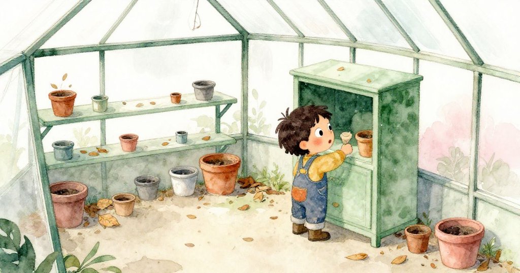 從高處俯瞰廢棄溫室內景，枯葉與空盆散落，Mika專注修理櫃子，環境與動作充滿層次感。