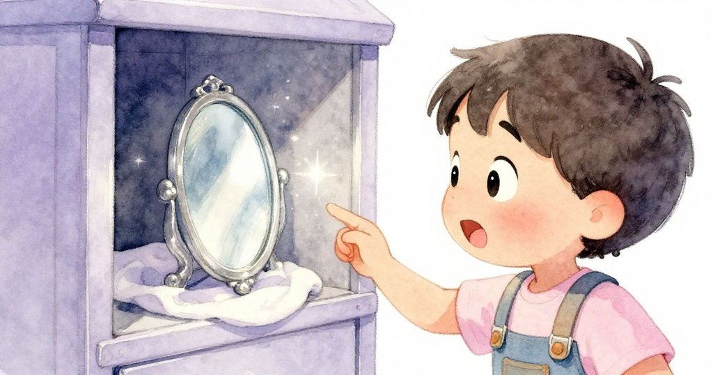 Mika驚喜發現包裹鏡子，細節精緻，臉上由勞作轉為驚奇，鏡面反射出溫柔光芒，充滿回憶。