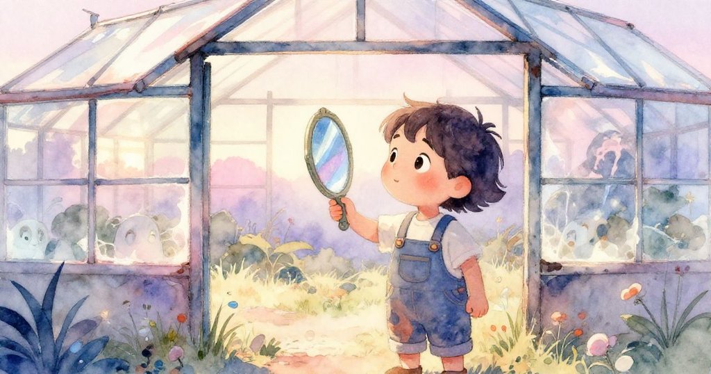 Mika在夕陽餘暉中站於溫室外，輕握鏡子，神情溫柔充滿懷念，為探險故事劃下完美句點。