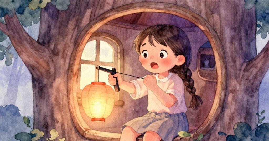 莉娜面露驚訝與疼痛，凝視窗外柔光，手中緊握彈弓，樹屋內微塵飄動，情緒細膩真實