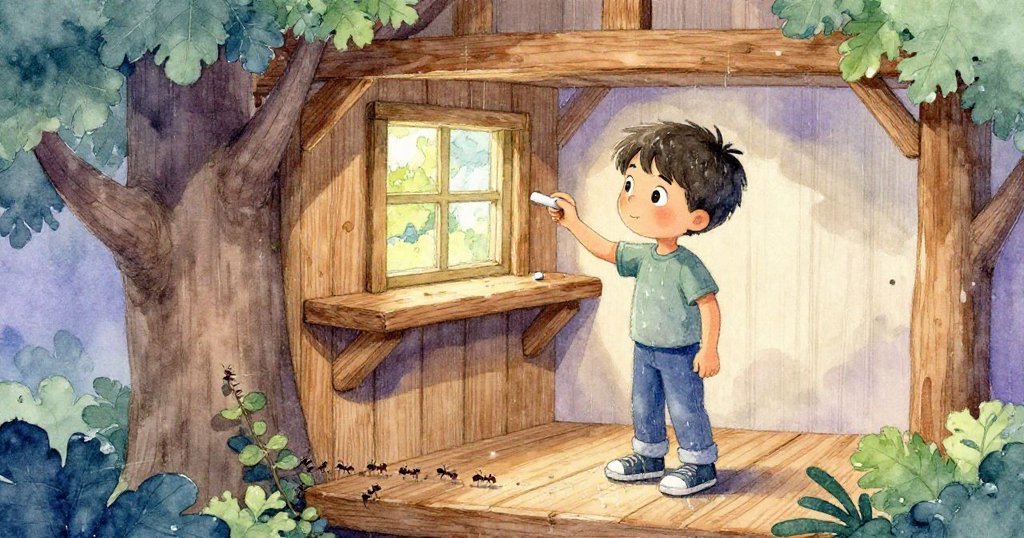 米羅將粉筆巧妙塞入搖晃木架下，細小螞蟻驚慌散開，樹屋內木質紋理與微光流動，充滿巧思與緊張