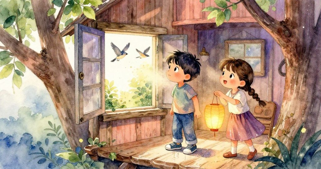 米羅與莉娜站於樹屋窗邊，凝視窗外飛鳥與光影搖曳，午後暖陽灑入室內，散發探索與驚奇的氛圍