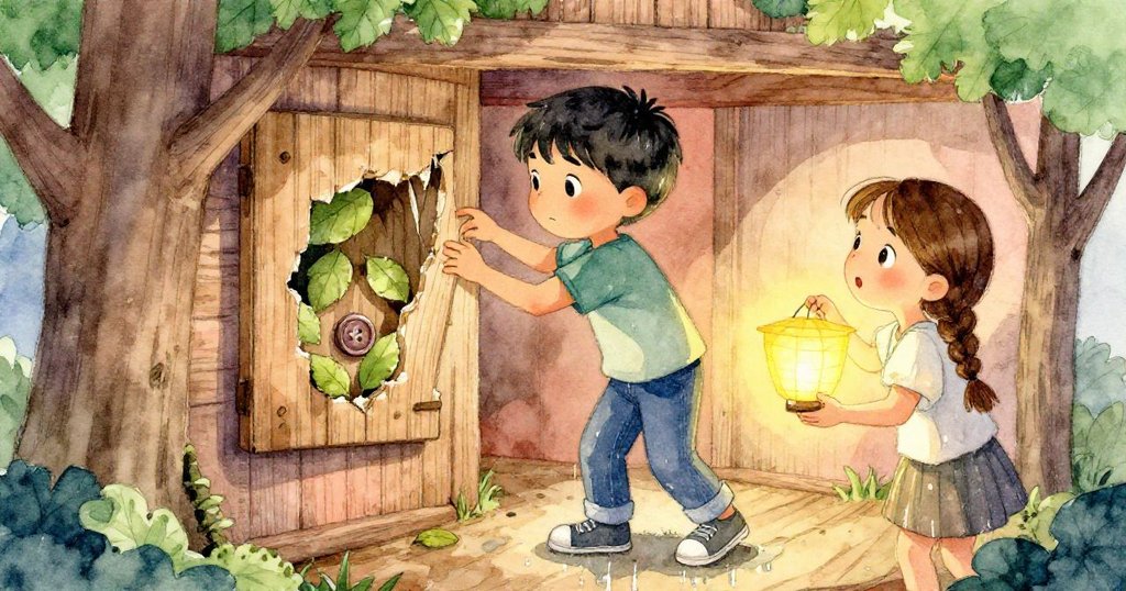 米羅專注撬起鬆動木板，露出堆滿枯葉與生鏽鈕扣的隱秘空洞，莉娜輕拂葉片，滿臉驚喜與柔情