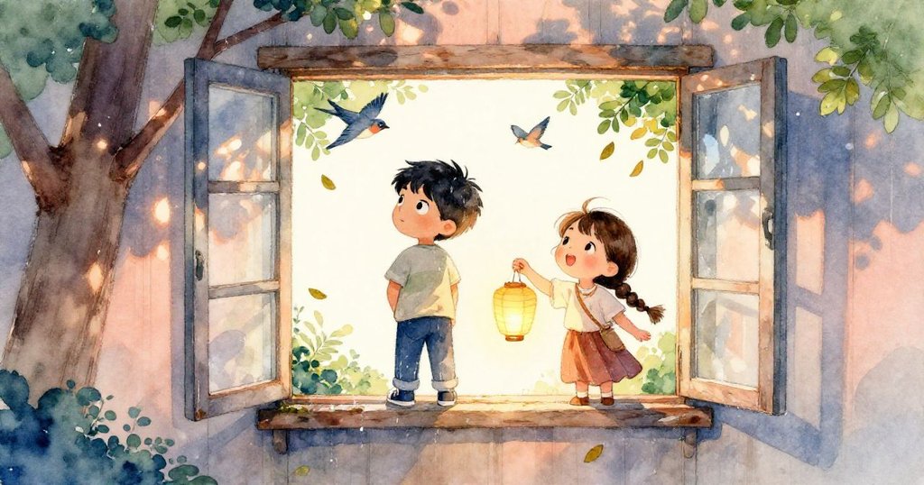 米羅與莉娜站在樹屋窗邊，目光投向斑駁午後光影中的飛鳥與落葉，心中散發著對未來探險的無限希望