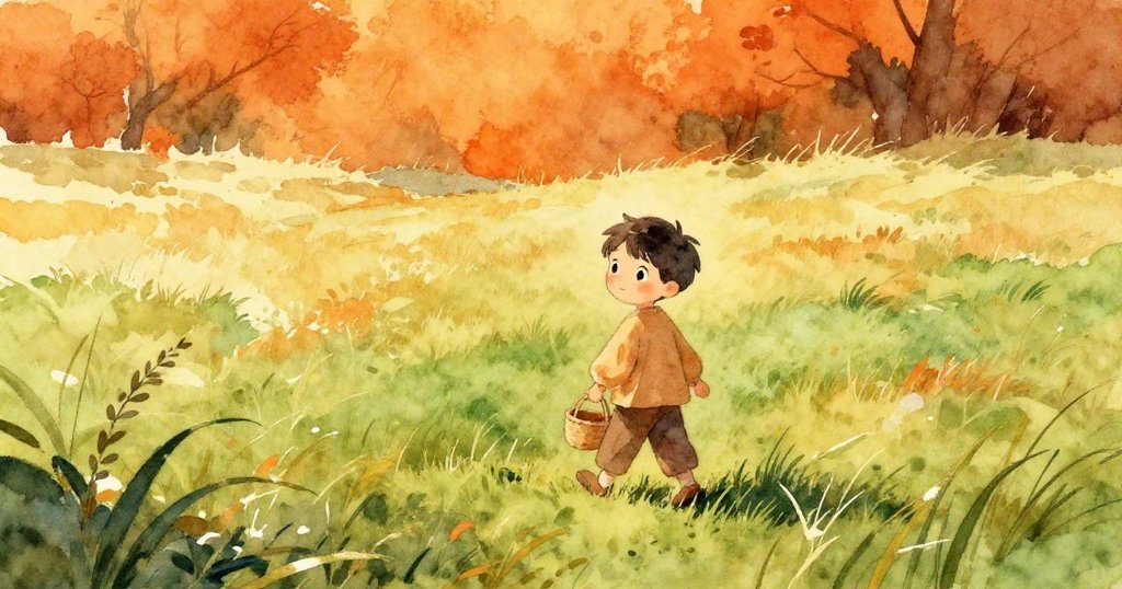 지로가 작은 바구니를 들고 따뜻한 햇살 아래 초록 들판을 걸으며 평화로운 아침을 맞이하는 모습, 행복하고 여유로운 표정이 드러난 장면입니다.