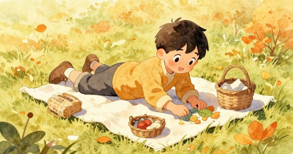 지로가 따뜻한 햇살 아래 초록 들판에 펼친 천 위에 바구니 물건들을 정갈하게 배열하며 점심 준비에 여념이 없는 밝고 생동감 있는 장면입니다.